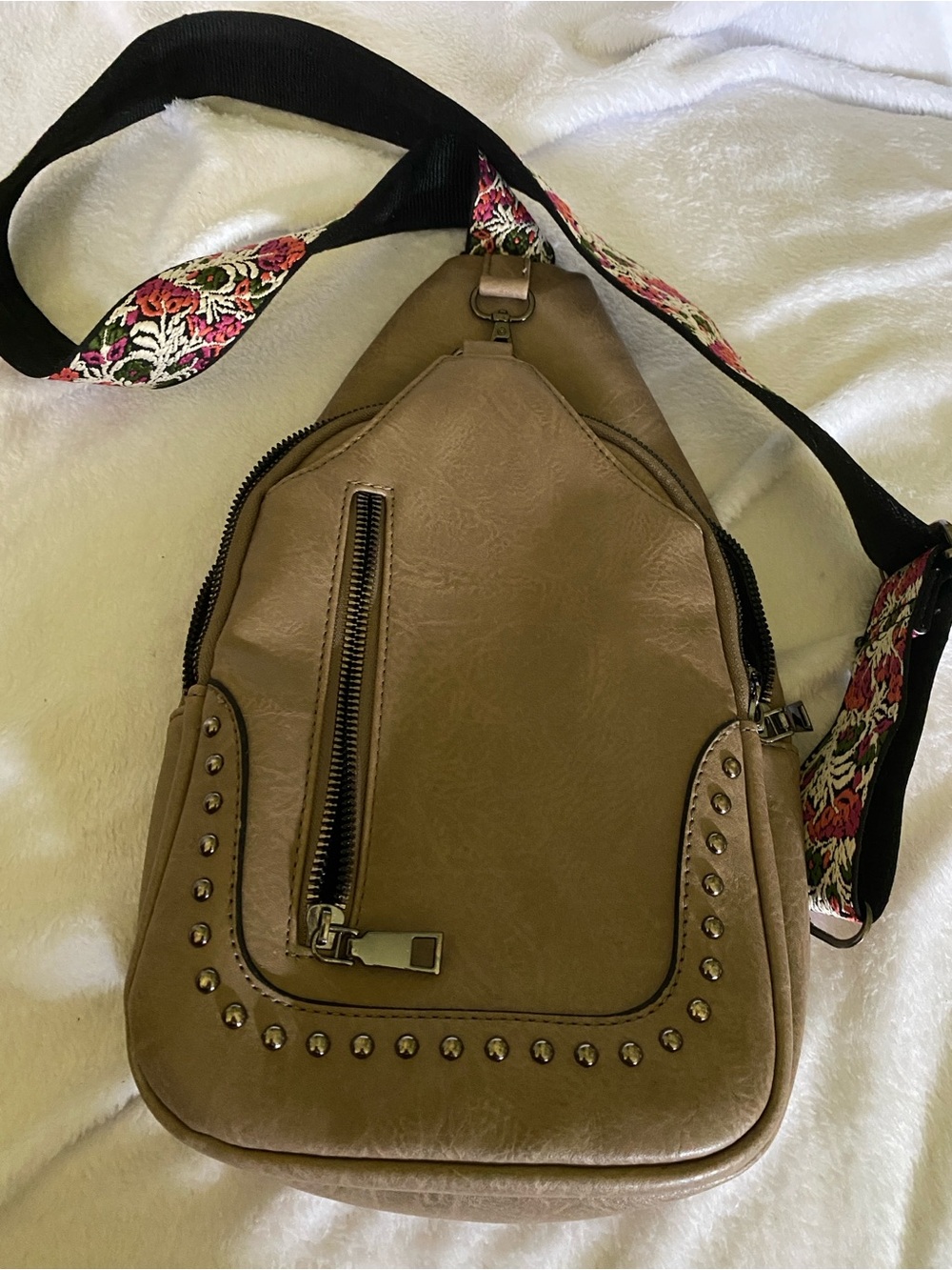 Sam & Hadley Vegan Women's Taupe Studded Crossbody Sling Bag with Floral Strap